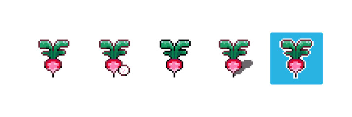 Obraz premium Pixel art Radish. 8bit Game Style Pixelated Radish Vegetable. Detailed Pixel Radish icon with shading and different stroke. 
