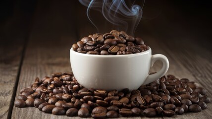 Aromatic coffee beans in a white cup with smoky swirls rising, set on a wooden surface