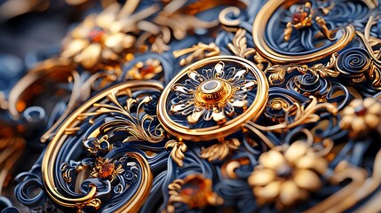 A luxurious design of gold and blue flourishes in a 3D-rendered ornate pattern.