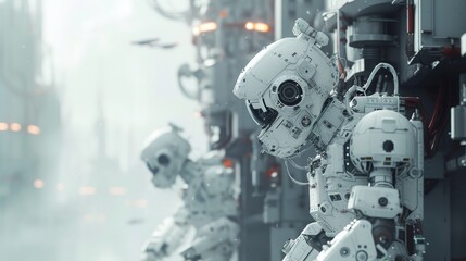 Fototapeta premium Humanoid robots are stationed in a futuristic facility, surrounded by high-tech machinery and systems. The environment evokes a sense of advanced automation and mechanical precision, with sleek