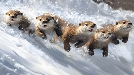 Playful Otters Sliding Down a Snowy Hill