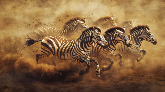 Galloping Zebras Across Dusty Plains at Sunset