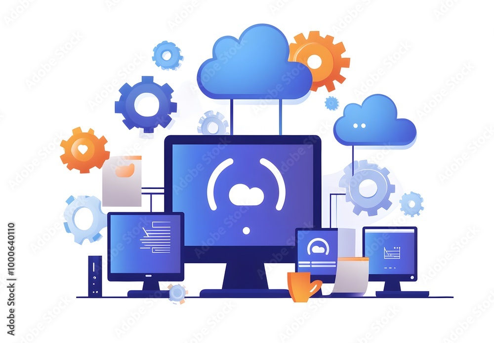 Poster illustration of an ai software platform with computers, gears, and clouds on a white background.