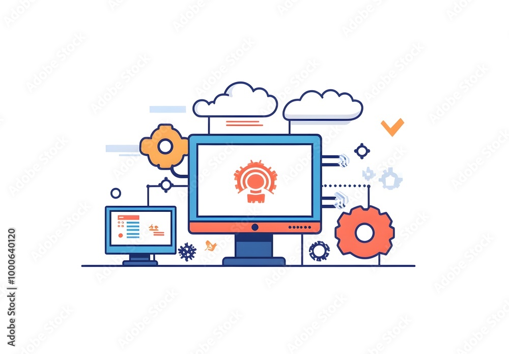 Sticker illustration of an ai software platform with computers, gears, and clouds on a white background.