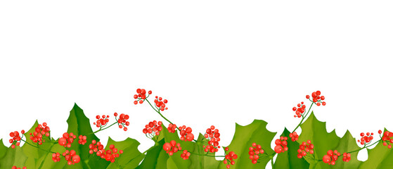 Holly leaves and red berries background border illustration digital watercolor for print and web