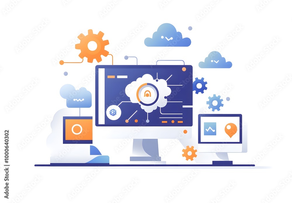 Poster illustration of an ai software platform with computers, gears, and clouds on a white background.