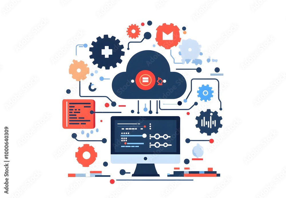 Wall mural illustration of an ai software platform with computers, gears, and clouds on a white background.