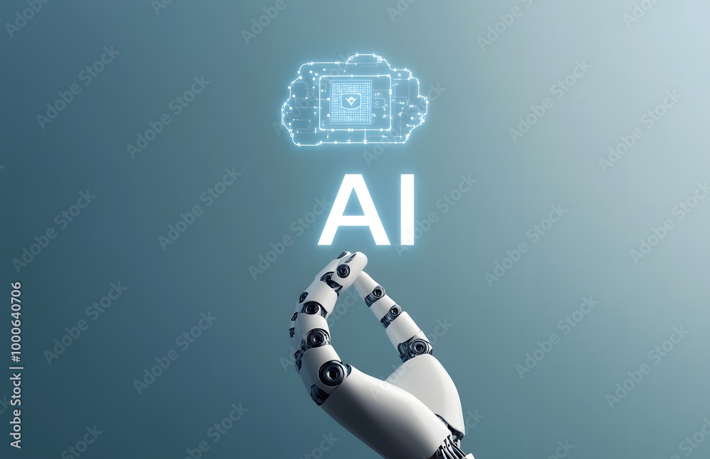 Wall mural robot hand holding the word ai with an icon for artificial intelligence