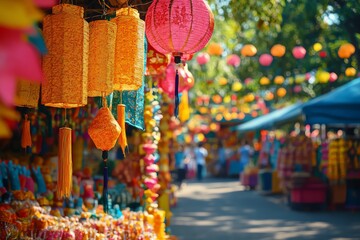 Naklejka premium Colorful lanterns hanging at an outdoor market.