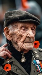 Veteran Adjusting Medals and Poppy Flower Before Armistice Day Parade - Pride and Reflection
