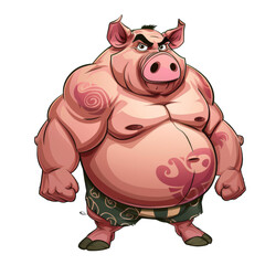 Fototapeta premium A cartoon pig with a muscular body and tattoos, wearing green swim trunks.