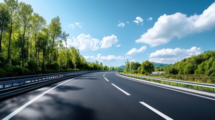 Scenic Highway with Lush Greenery and Blue Sky