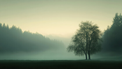 Obraz premium solitary figure walking through misty forest, surrounded by tall trees and serene atmosphere. soft light creates tranquil and peaceful scene, evoking sense of calm and reflection