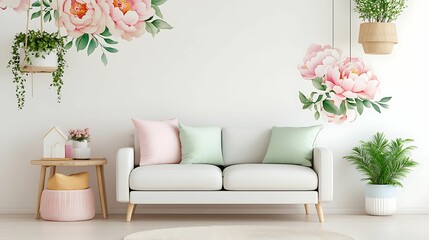 A cozy, minimalist living room featuring a white sofa with pastel cushions, hanging plants, and large floral wall art, creating a peaceful atmosphere.