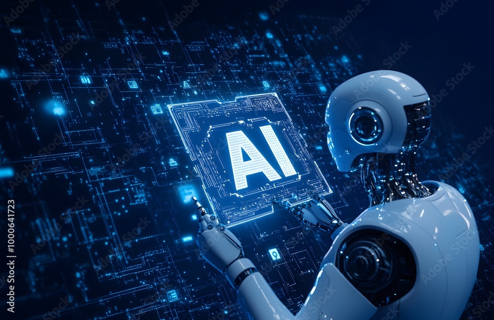 Wall mural robot hand holding the word ai in white, with an icon representing artificial intelligence and techn