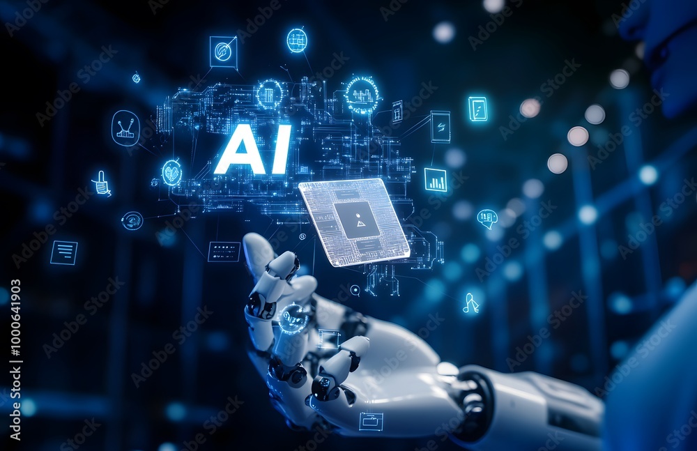 Wall mural robot hand holding the word ai in white, with an icon representing artificial intelligence and techn