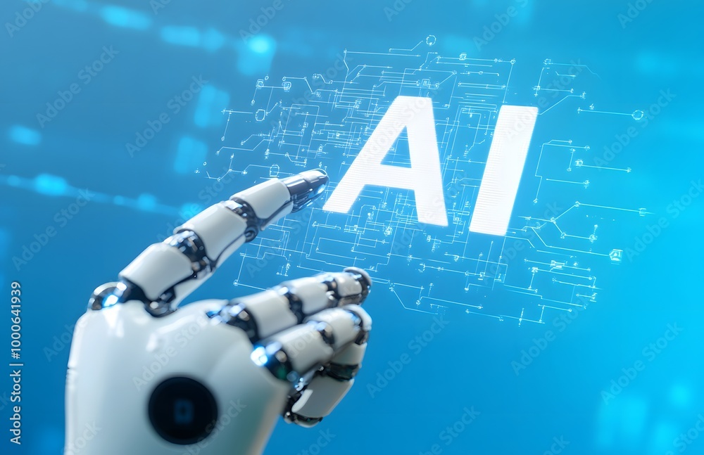 Sticker robot hand holding the word ai in white, with an icon representing artificial intelligence and techn