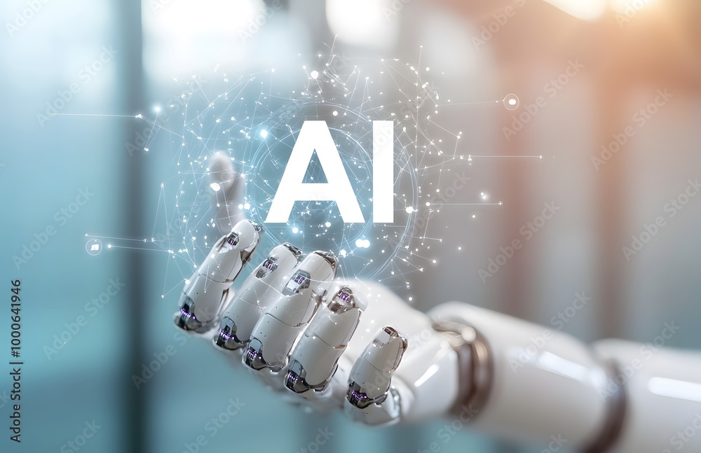 Sticker robot hand holding the word ai in white, with an icon representing artificial intelligence and techn