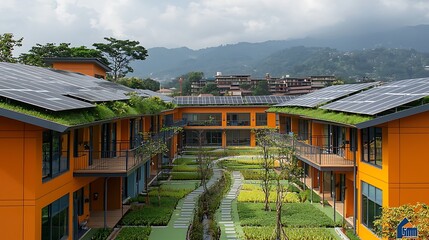 Fototapeta premium Modern architecture features a green roof and solar panels, merging style with environmental mindfulness.