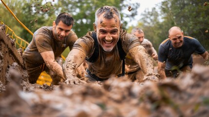 Team Building Adventure: Middle-Aged Men Conquering Muddy Obstacle Course Together