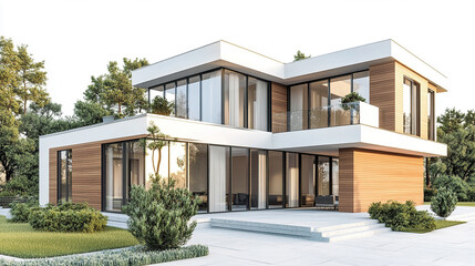 Fototapeta premium 3D rendered modern house standing on a light white background