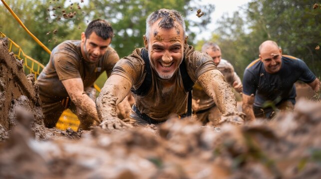 Team Building Adventure: Middle-Aged Men Conquering Muddy Obstacle Course Together