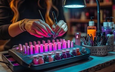 A nail technician prepares nail polish and tools for a manicure session, showcasing vibrant colors and meticulous artistry.