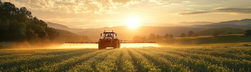 Fototapeta premium A tractor spraying crops in a vast green field at sunset, warm golden light highlighting the scene