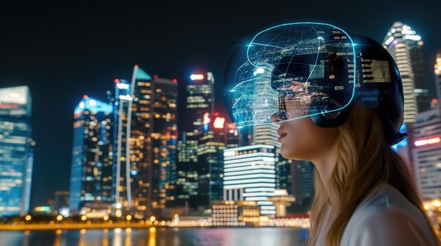 Futuristic Vision: Woman with Digital Brain Interface Against Cityscape