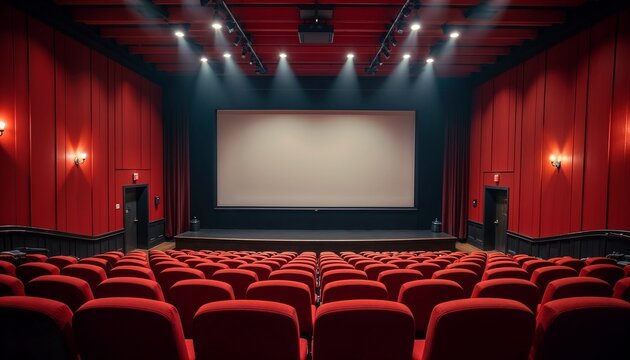 Empty red-seated movie theater with bright lights shining on the large screen. The classic cinema interior is ready for an audience to experience the next film screening.