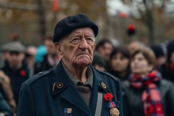 Veteran Wearing Medals and Poppy at Remembrance Day Ceremony in Front of War Memorial