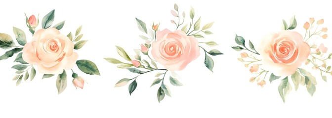 Fototapeta premium Set of three watercolor floral wreaths in pastel colors on a white background. 