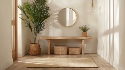 organic modern entryway with light warm colors and a mirror