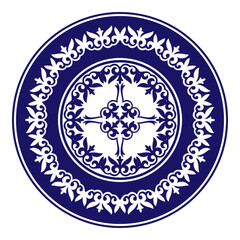 Blue round Kyrgyz national ornament. Ethnic pattern of the peoples of the Great Steppe, Kazakh, Mongols, Kyrgyz, Kalmyks, Buryats. Circle, frame border. Vintage print for printing, sandblaster, cerami
