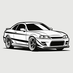 A clean, minimalist line-drawing of a sports sedan, capturing the car from a three-quarter front angle. Sport car front view side vector illustration