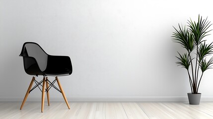 A minimalist interior features a black chair, a plant, and a white wall, embodying simple elegance.