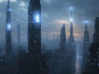 Obraz premium Futuristic city skyline with holographic connections between towers, symbolizing digital business networking and wireless communication infrastructure