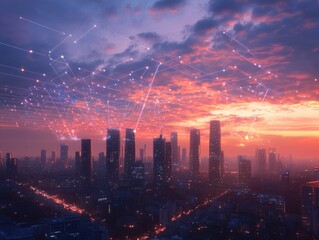 Obraz premium Futuristic city skyline with holographic connections between towers, symbolizing digital business networking and wireless communication infrastructure
