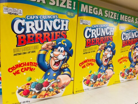 Boxes of Cap'n Crunch Berries breakfast cereal by PepsiCo Quaker Oat Company.