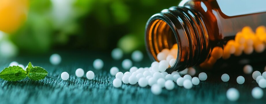 A close-up of a spilled homeopathic remedy with white pellets from a brown glass bottle on a textured surface.