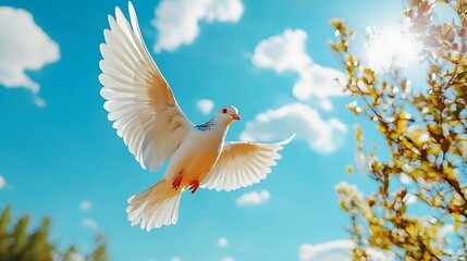 Fototapeta premium A white dove soars in a blue sky, framed by the sun and fluffy clouds, a symbol of peace.