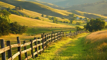 Obraz premium Serene countryside landscape with rolling hills and a rustic wooden fence bathed in warm sunlight, ideal for nature themes.