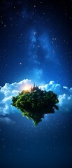 A mystical floating island surrounded by clouds under a starry sky, representing imagination and fantasy.