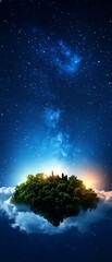 A mystical island floats amidst a starry sky, illuminated by a soft glow, blending nature and celestial beauty.