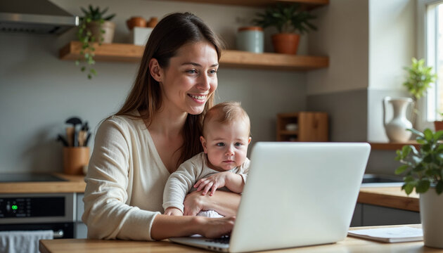 Freelance and motherhood. Young mother working remotely on laptop and taking care about baby