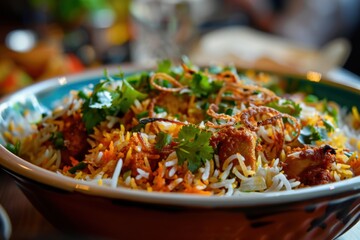 Traditional Chicken Biryani with Aromatic Rice, Spices, and Fresh Coriander Garnish for a Flavorful Indian Meal