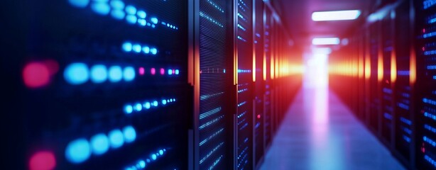 A stunning view of a modern data center with glowing servers, representing cutting-edge technology and digital infrastructure.