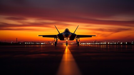 A stunning military jet poised for takeoff against a vibrant sunset backdrop, illuminating the runway with dramatic lighting.