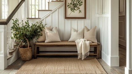 a cozy organic modern entryway that features a wooden bench and white pillows