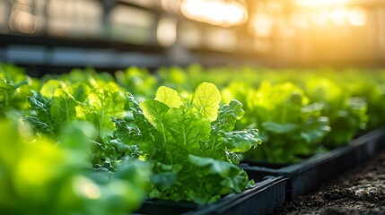 Fresh green lettuce grows in neat rows within a greenhouse, sunlight streaming through to nourish the leaves.